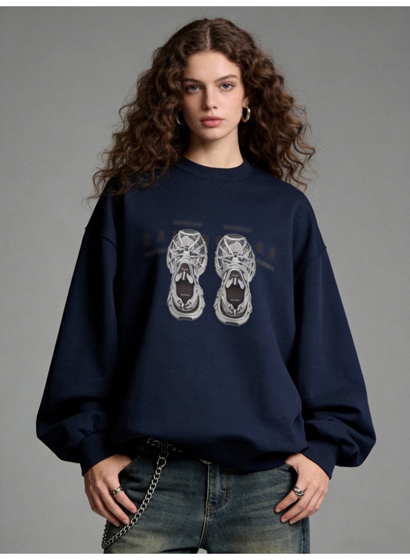 BM INS Navy Blue "Futuristic Sneaker" Graphic Oversized Crew Neck Sweatshirt | Unisex Streetwear Pullover With Letter Print - Image 2